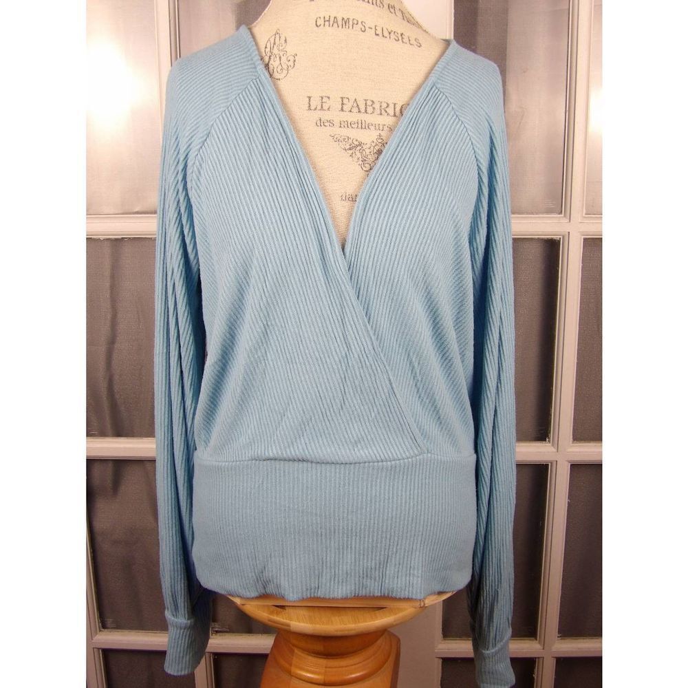 Anthropologie Womens Blue Ribbed Deep V Wrap‎ Sweater XL